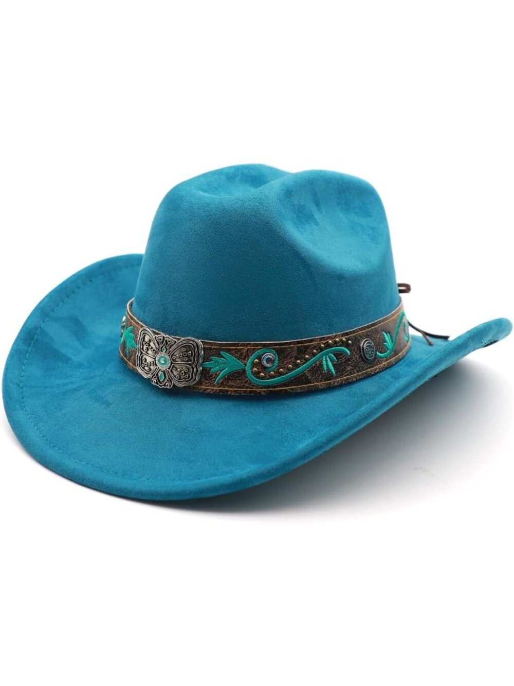 Unisex Peacock Blue Wide Brim Felt Fedora Buckle Belt Cowgirl Western Cowboy Hat